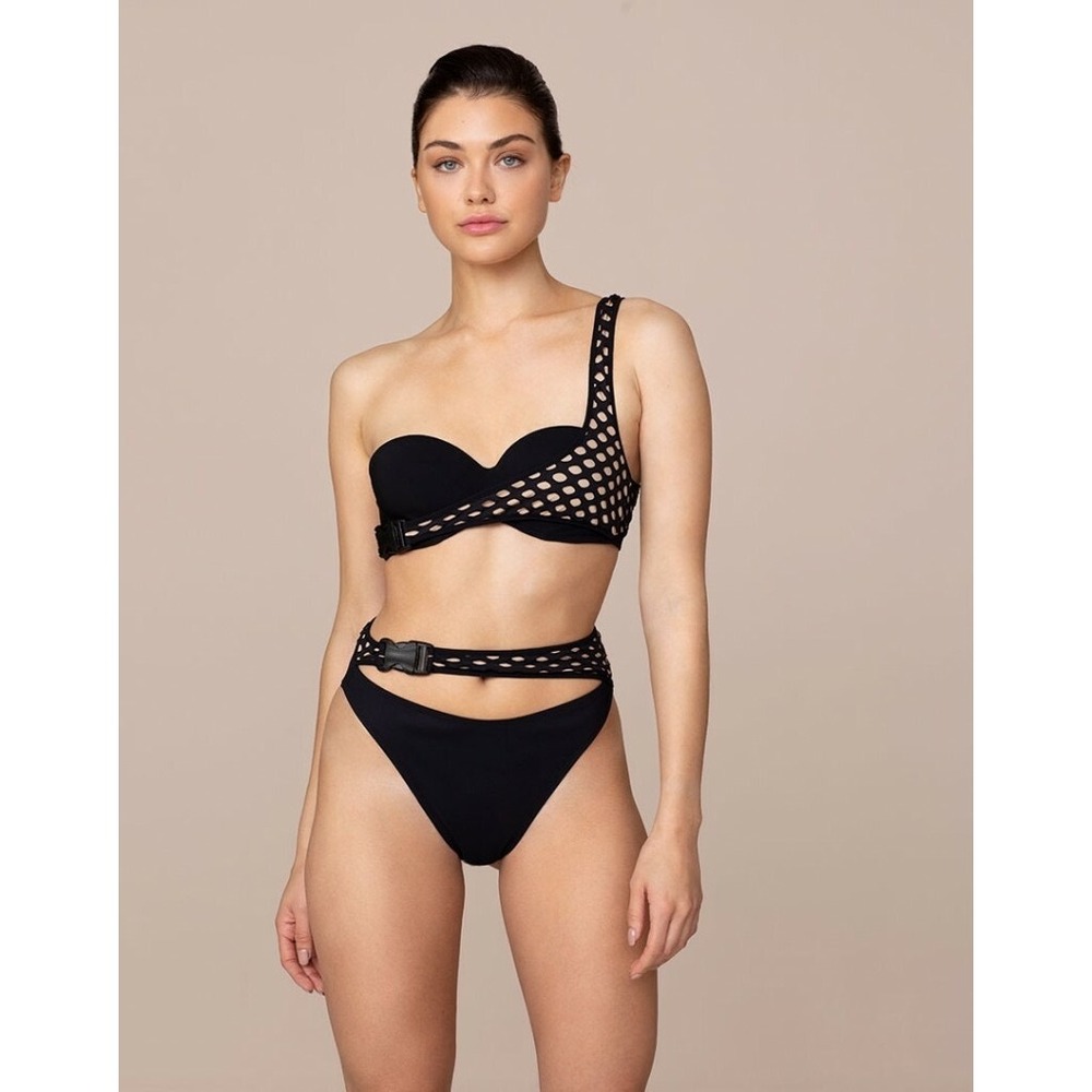 Agent Provocateur Lopez Bikini Set Black Mesh One Shoulder 36C $530